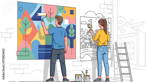 Urban mural artists painting colorful and monochrome street art, creative community project, vibrant wall design, city beautification, teamwork, expression