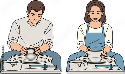Pottery making, ceramic art, clay shaping, pottery wheel, artisan hands, creative process, handmade bowl, craft studio, sculpting, teamwork, concentration
