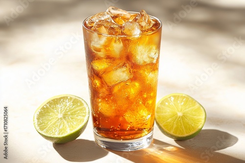 Glass of iced tea with lime on a white surface