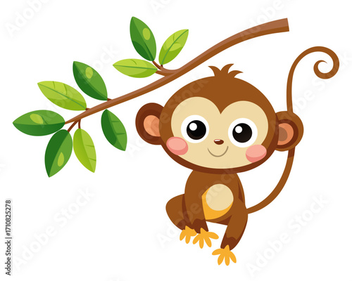 cute monkey hanging tree branch vector on white background