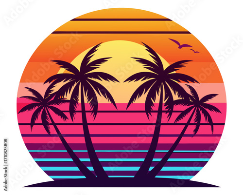 Retro Tropical sunset with palm trees vector on white background