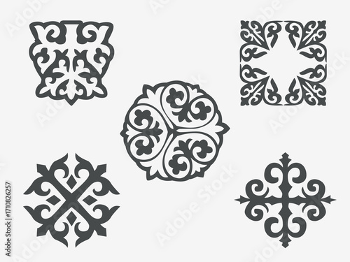 Patterns consisting of rhythmic ordered elements peculiar to Kazakh folk art. Set of vector national ornaments of Kazakhstan, Turkic peoples. Part 12