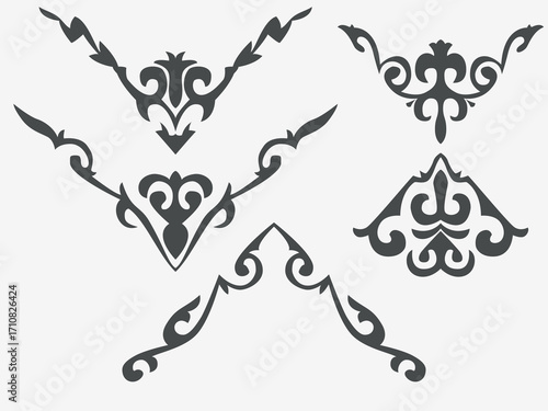 Patterns consisting of rhythmic ordered elements peculiar to Kazakh folk art. Set of vector national ornaments of Kazakhstan, Turkic peoples. Part 10