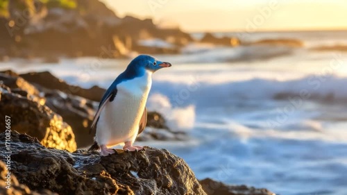 Majestic Blue Penguin on Rocky Coast at Sunrise