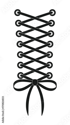 Black shoelace tied in a bow with intricate lacing pattern