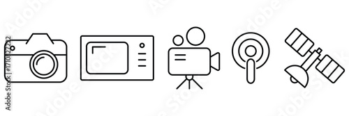 Photography, Film & Broadcast Equipment Icons, Video Production & Satellite Communication Icons. 