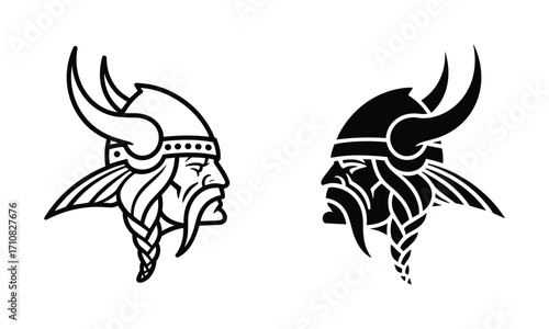 Viking warrior profiles facing each other black and white silhouettes and lineart graphic symbols head face