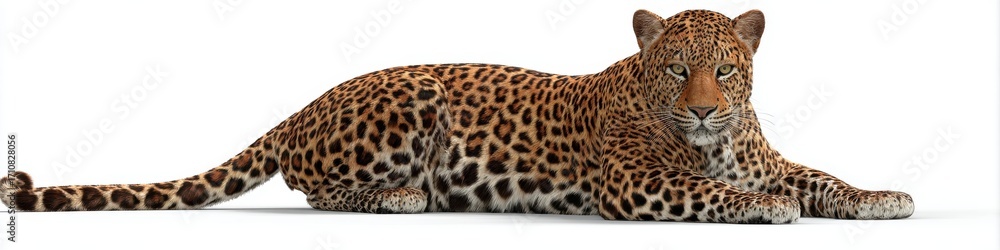 Naklejka premium Majestic Leopard Lying Gracefully on White Background