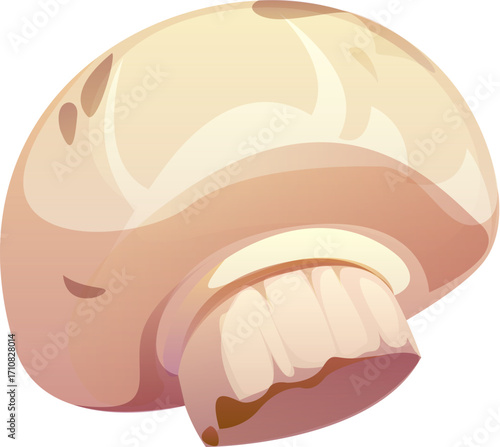 Cartoon raw ripe champignon mushroom vegetable with smooth round beige cap, gills and short thick stem. Vector isolated edible white fungus plant with glossy texture, cooking fresh, raw ingredient
