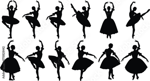 Ballerina silhouettes, ballet dancer poses, classical dance, tutu costume, elegant movement, pirouette, arabesque, graceful posture, black vector art