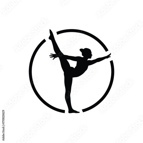 Silhouette of a gymnast performing a graceful arabesque pose within a circle