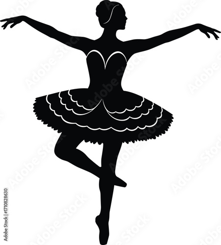 Ballet dancer silhouette, elegant pose, tutu costume, classical ballet, graceful movement, black vector art, poised posture, dance balance, minimal design