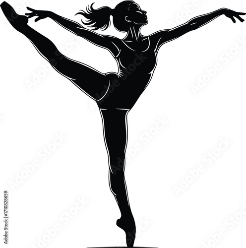 Ballet dancer silhouette, arabesque pose, elegant movement, classical ballet, graceful posture, tutu costume, vector art, black illustration, dance balance