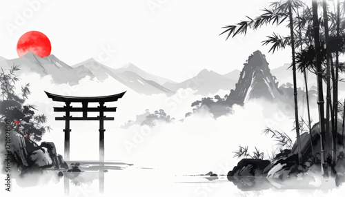 Bamboo and Torii Gate in Japanese Mist. Japanese Torii with Bamboo and Mountains. Red Sun Over Misty Japanese Landscape. Bamboo and Torii Gate with Mount Fuji. Torii Gate and Bamboo in Japanese Art