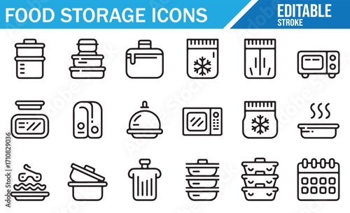 Food preservation and storage vector icons with jars, bowls, microwave, freezer, and packaging symbols