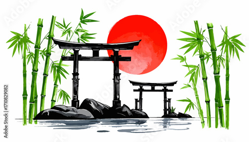 Twin Torii Gates with Bamboo and Sun. Japanese Torii with Bamboo and Sunset. Peaceful Torii Gate in Japanese Landscape. Torii and Bamboo with Red Sun Symbol. Traditional Japanese Landscape with Torii