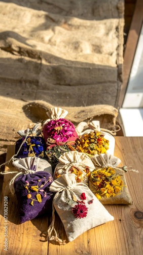Colorful dried flower pouches on wooden table