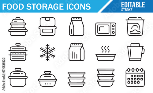 Editable line style food storage icons set including containers, bowls, microwave, and pantry symbols