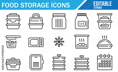 Editable line style food storage icons collection, containers, jars, microwave, freezer, pantry, bowls, packaging, preservation, cooking, and meal prep symbols for kitchen organization and household d