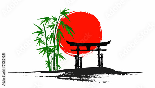 Torii Gate with Red Sun and Bamboo. Japanese Bamboo and Torii Gate. Minimal Japanese Landscape with Torii. Red Sun with Bamboo and Torii Gate. Japanese Landscape with Bamboo, Sun. Red Sun and Bamboo