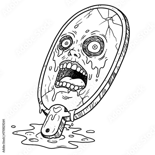Melting ice cream with a zombie face dripping on a white background  