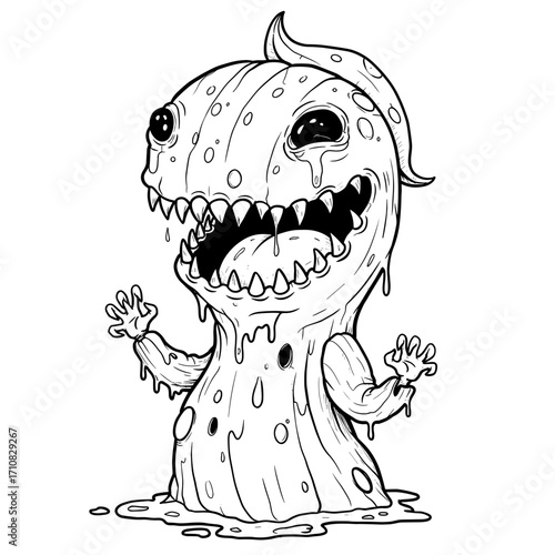 Cartoon monster character with sharp teeth and slimy texture for Halloween  