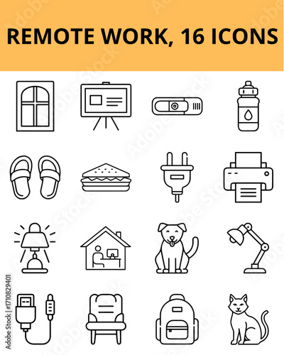 Remote work icons set featuring home office essentials and pets  
