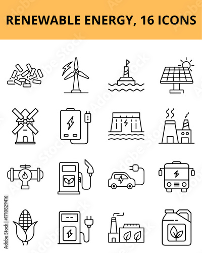 Set of 16 renewable energy icons in minimal line art style  
