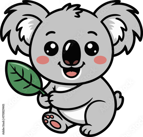 Vector art of cute koala cartoon holding a leaf the adorable koala is smiling and has big eyes the koala is gray and white, and the leaf is green the koala is standing on its hind legs
