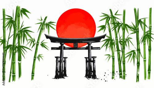 Japanese torii gate with vibrant red sun. Bamboo forest and torii gate art style. Minimalistic Japanese torii with red sun. Zen Japanese torii gate surrounded by nature. Traditional Japanese gate