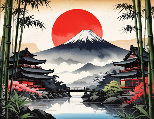 Mt. Fuji and bridge with vibrant sunset. Japanese architecture with bamboo, pagoda. Traditional village near mt.  Fuji. Colorful sunset over pagodas, nature. Mt. Fuji with river and red sun reflection