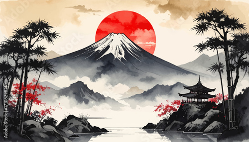 Mt. Fuji with red sun in Japanese art style. Zen landscape with Mt. Fuji and pagoda. Autumn trees near Mt. Fuji with serene lake. Traditional Japanese pagoda at sunset. Mt. Fuji and bamboo forest
