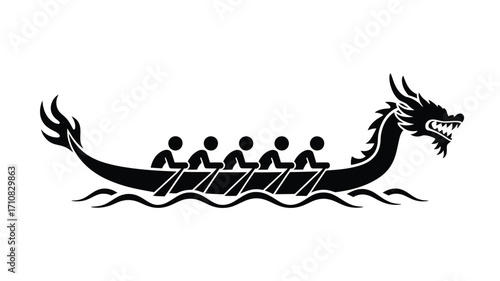 Stylized dragon boat with rowers in silhouette