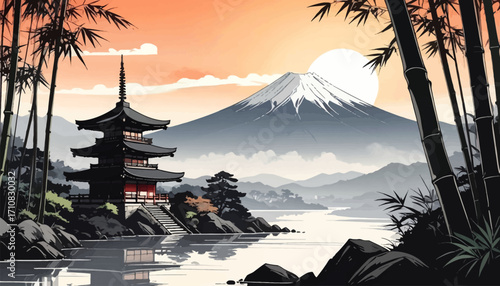 Mt. Fuji, traditional Japanese pagoda. Mountain view at dusk with serene temple. Bamboo forest near Mt. Fuji with sunset. Zen landscape with Mt. Fuji, sunset sky. Japanese architecture amidst sunset