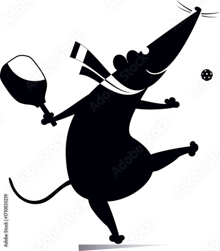 Cartoon rat or mouse plays pickleball. 
Pickleball court. Funny rat or mouse tries to do a good shot. Black and white illustration
