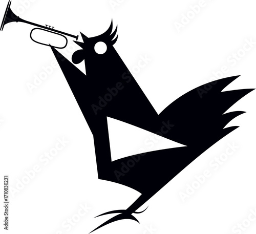 Cute rooster playing trumpet. 
Art silhouette of rooster with trumpet. Original art Illustration of rooster. Black on white background
