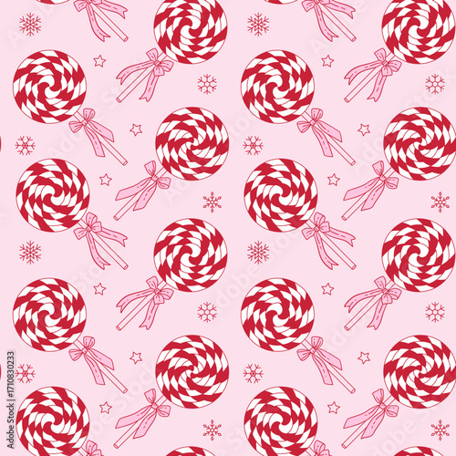 Cute Pink lollipop seamless pattern. Coquette Christmas background with snowflakes and bows. Whimsical contour vector xmas background.