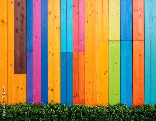 Colorful wooden planks wall with greenery