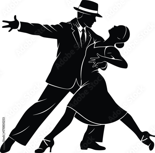 Dancing couple silhouette, ballroom pose, elegant movement, tango style, black vector art, dramatic gesture, formal attire, romantic dance, minimal design