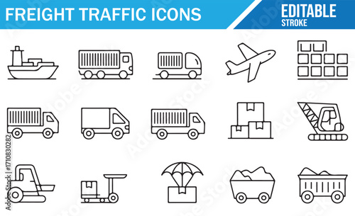 Minimal editable stroke design of freight transport icons for global trade and distribution logistics
