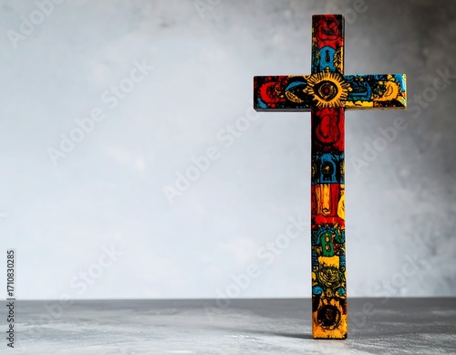 Colorful wooden cross on a neutral background