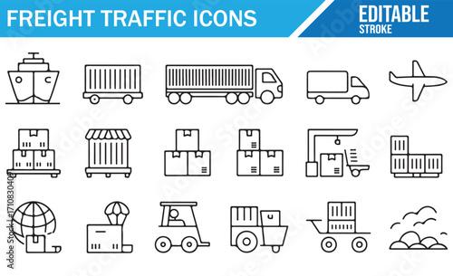 Freight delivery and logistics vector icons with cargo ship, trailer, airplane, and warehouse symbols