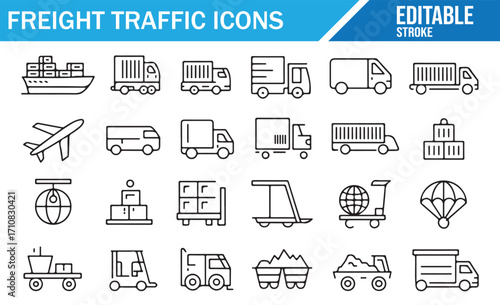 Editable stroke illustration set of global trade freight icons including transport and logistics tools