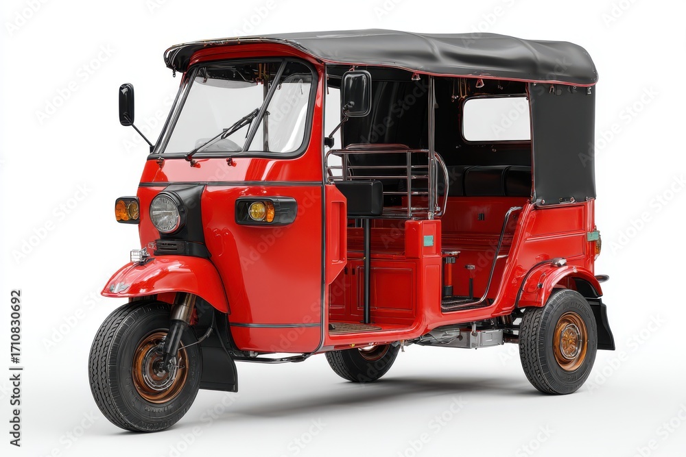 Fototapeta premium Vibrant Red Tuk-Tuk Vehicle on White Background for Travel Themes