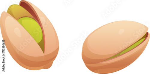 Cartoon raw ripe pistachio nuts, one partially opened revealing the green kernel, and the other mostly closed, with smooth beige shells and glossy highlights. Isolated vector seeds on white background