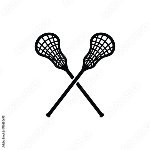 Two crossed lacrosse sticks on a white background