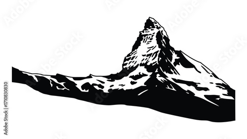 Dramatic black and white illustration of a jagged mountain peak