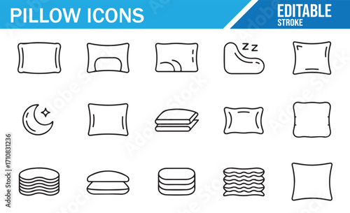 Pillow and bedding vector illustration set with decorative cushions and sleep symbols in line art