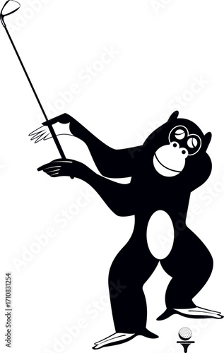 Cartoon monkey plays golf. 
Funny monkey tries to do a good shot. Black and white illustration
