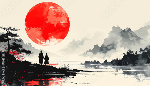 Japanese landscape with red moon and silhouettes. Traditional Asian scene with a red moon backdrop. Samurai figures with a crimson moon in Japan. Sunset sky with Mount Fuji and red moon
